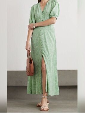 RIXO Staci Poppy Print Midi Dress Green White V-Neck Puff Sleeve Viscose